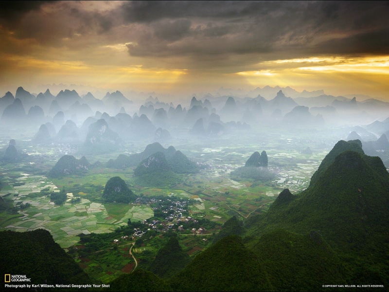 mountain range, yangshuo, mountain peak, scenics - nature, beauty in nature, fog, land, 720P, outdoors, travel destinations, mountain, sunbeam, tranquility