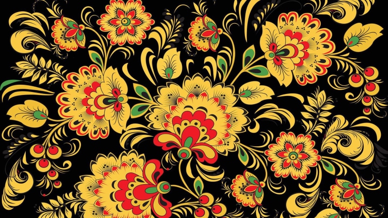 painting, white, yellow, abstract, khokhloma, black, 1920x1080, 1080P, floral, art, pattern