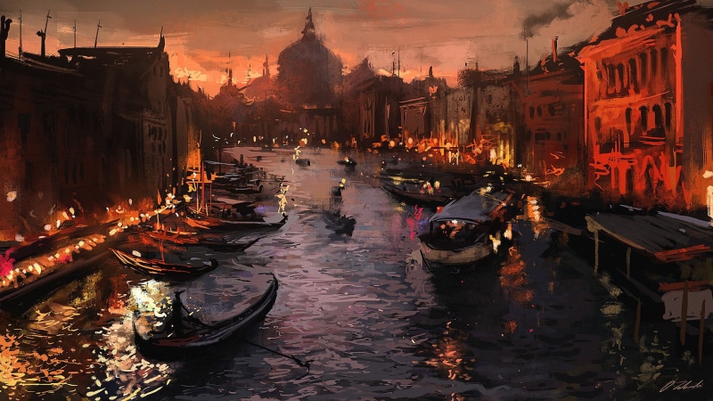Venice, painting, building, travel Destinations, vacations, history, nature, Italy, mode of transportation, spirituality, veneto, canal, artwork, sunset