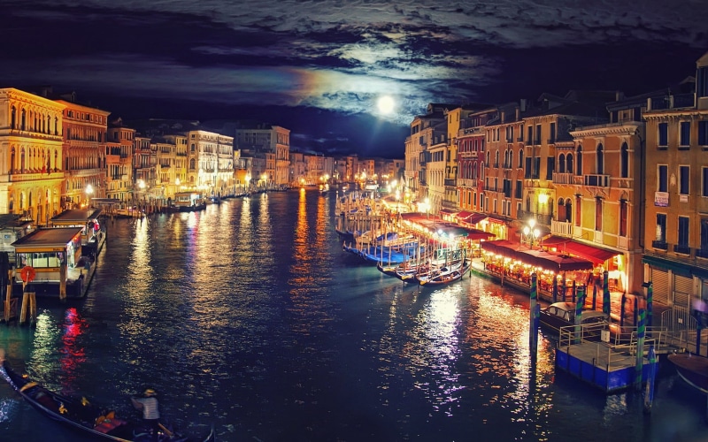 building exterior, light, Moon, architecture, Venice, city, cityscape, canal, street, reflection, cloud - sky, outdoors, Italy, sky, nautical vessel, night