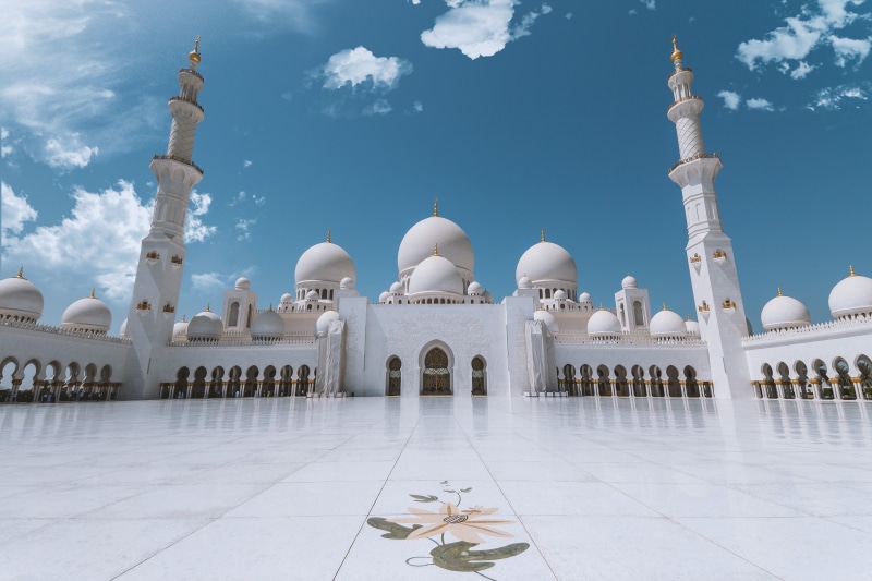 mosque, dhabi, outdoors, architectural column, travel, zayed, architecture, sheikh, tourism, belief, clouds, built structure, courtyard, no people, ornate