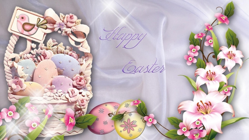 1080P, flowers, 3d and abstract, basket, hine, eggs, holiday, lilies, stars, easter, shiny, bird