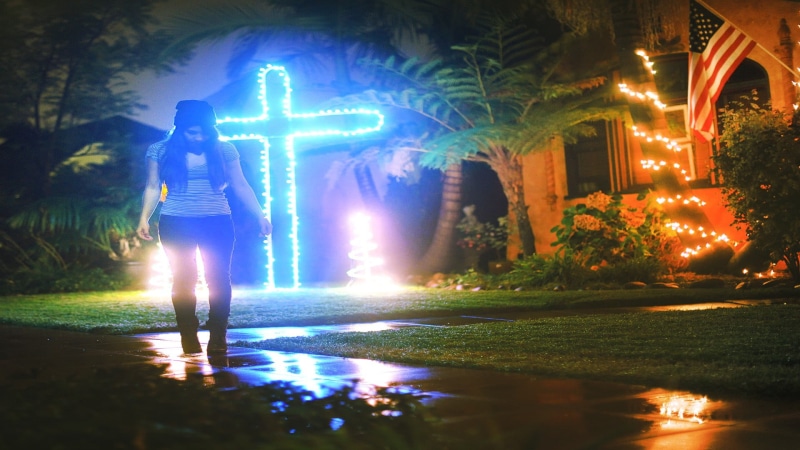 painting, nature, house, full length, lighting equipment, white, shiny, night, connection, blue, outdoors, plant, one person, standing, light, motion, 1080P