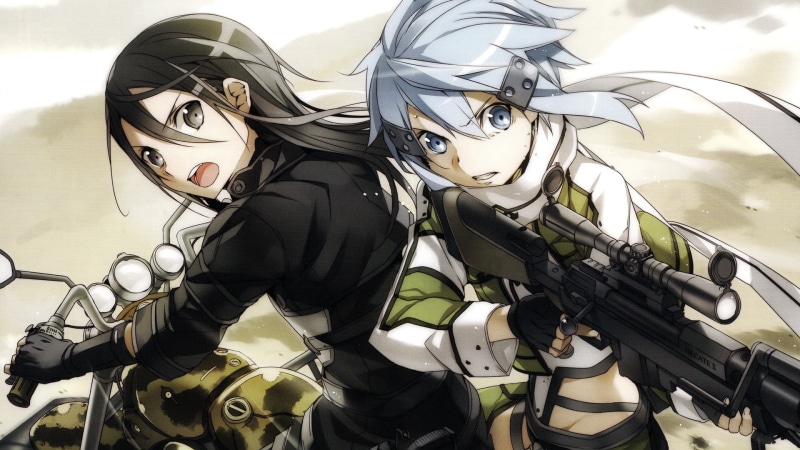 security, men, transportation, adventure, sports equipment, Gun Gale Online , women, two, helmet, 1080P, anime, two people, Sword Art Online, Sinon (Sword Art Online)