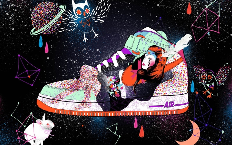 shoes, moon, floral, background, night, nike, stars, 1080P, air