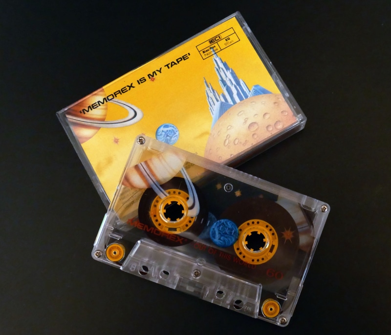 still life, stereo, recorder, analog, directly above, representation, single, communication, tape, hand tool, studio shot, box, media, yellow, record, technology
