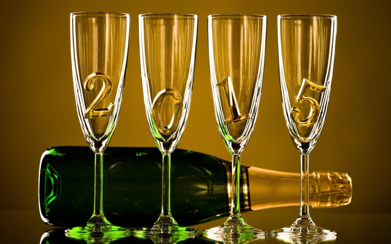 golden, green, glasses, 2015, new year, bottle, festival, clear, word, new, champagne, year, tinted, festivals / holidays, wine, 2K