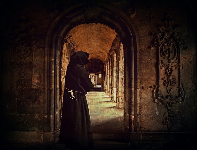 mystical, religion, black, columnar, arcades, the past, input, indoors, historically, walls, lichtspiel, person, hoodie, man, masonry, monastery, lifestyles