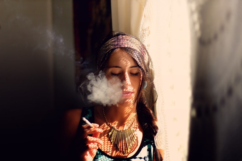 leisure activity, lifestyles, brunette, teenager, young women, long hair, eyes closed, s, black, hair, beautiful woman, smoking, young adult, hairstyle