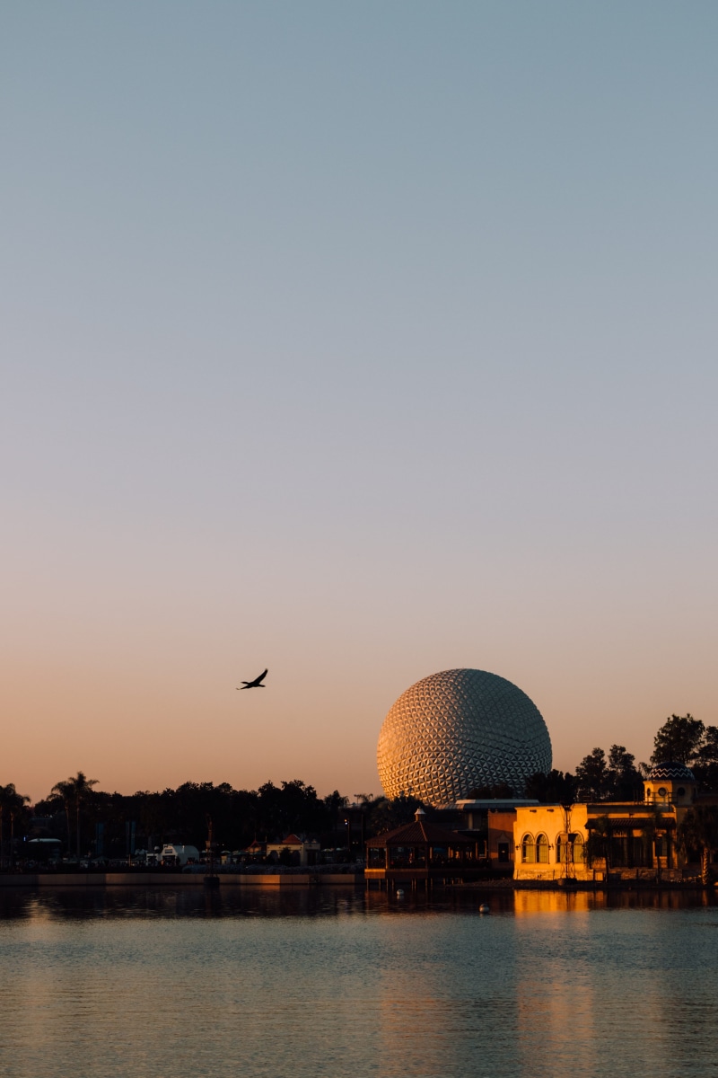 epcot, sunset, travel, architecture, disney, city, nature, flying bird, dome, clear sky, built structure, disneyworld, 5K, building exterior