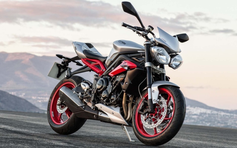 road, sunlight, red, bike, close-up, sport, triple, wheel, land, no people, mountain, helmet, nature, Triumph, 1080P, black, street, land vehicle, rx