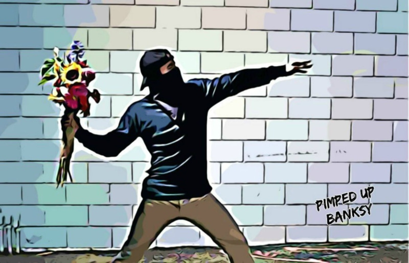 western script, leisure activity, painting, flower, man, nature, standing, wall - building feature, motion, one person, text, sport, street art, Banksy