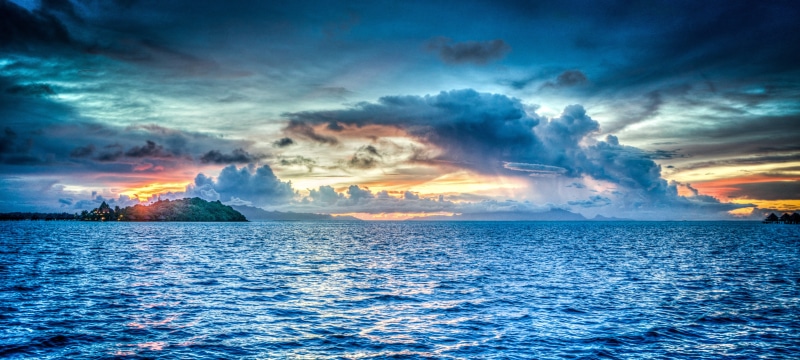 exotic, sea, environment, photography, sunset, bora-bora, landscape, dark, vacation, seascape, coast, horizon over water, blue, water, 5K, paradise, no people