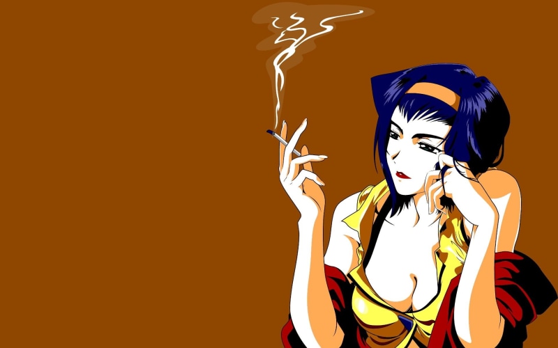 bebop, hair, lipstick, faye, cigarette, anime, cowboy, blue, valentine, 1080P