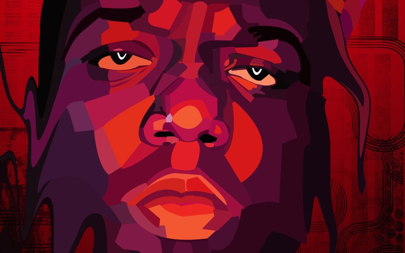 rapper, notorious, 4K, art and craft, leisure activity, music, biggie, indoors, one person, close-up, red, silhouette, big, smalls, cartoon, communication