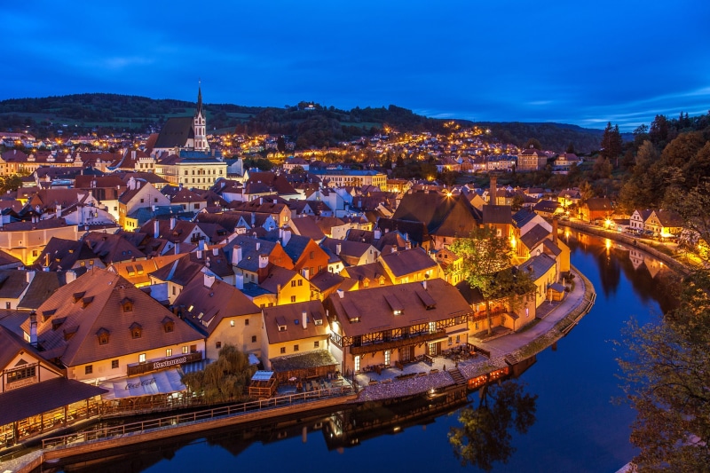 small town, history, 2K, water, architecture, nature, night, building, high angle view, illuminated, cityscape, cesky krumlov, dusk, town, river, building exterior