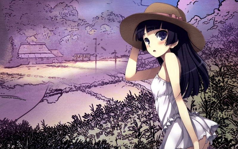 purple, white, cartoon/comic, anime, black, sun, hd, illustration, dress, 1080P, girl, brown, hat, haired