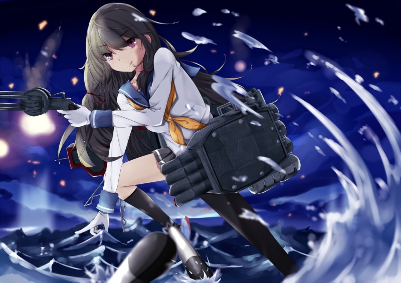 gun, 720P, black, 1900x1344, kantai collection, kancolle, wearing, white, anime girls, isokaze, woman, anime, girls, collection, shirt, kantai, illustration