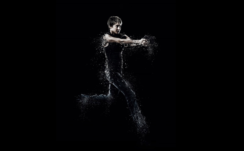 digital composite, emotion, black and white, splashing, 8K, studio shot, full length, adult, Film, tris, Insurgent, motion, black background, nature, Movie