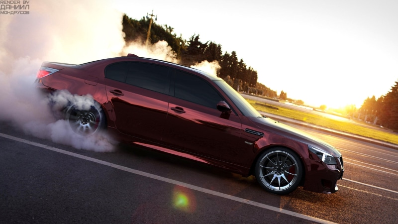 smoke - physical structure, blurred Motion, driving, sedan, BMW, sports Car, luxury, sky, Smoke, traffic, red, motor Vehicle, E60, street, tree, travel
