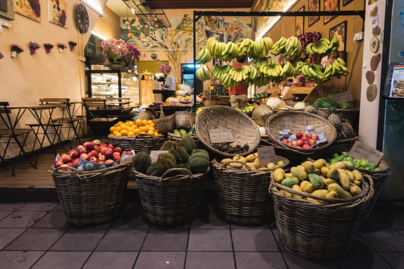 food and drink, store, for sale, food, market, selling, retail display, wellbeing, vegetable, banana, abundance, choice, night, street, fruit, retail, wicker