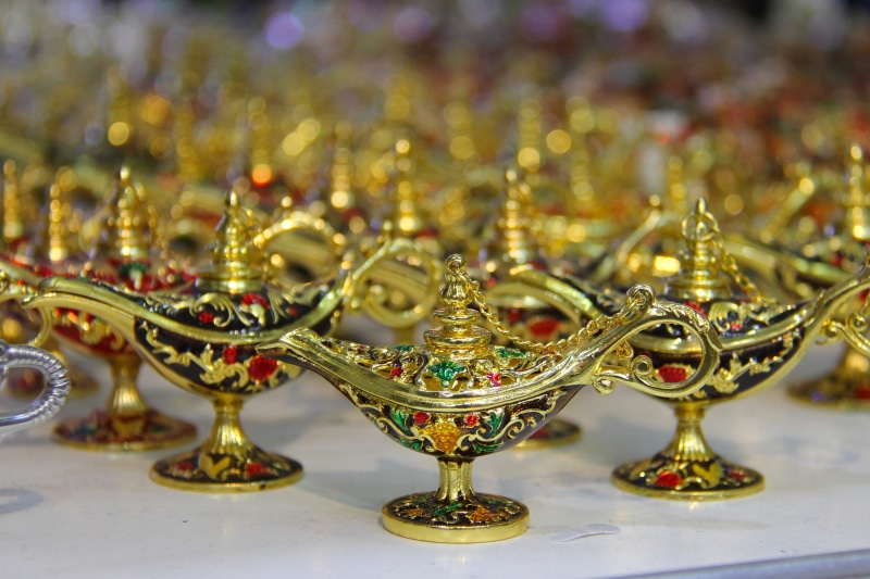 selective focus, uae, indoors, arabian, close-up, sale, arab, silver colored, market, art and craft, focus, antique, happy, gold colored, teapot, large group of objects