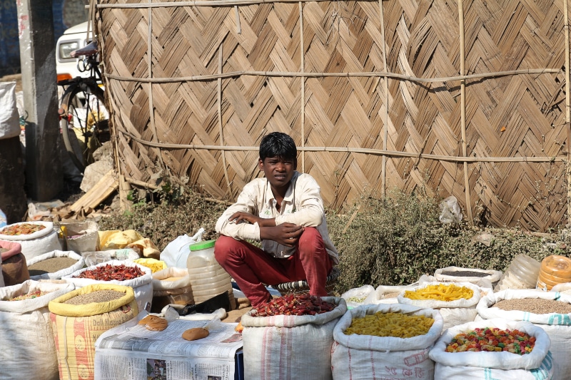 people, man, asia, full length, mature men, market Vendor, sell, india, bazaar, selling, looking at camera, adult, casual clothing, business, grocery, food and drink