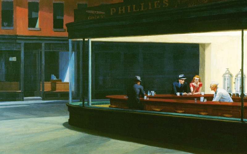 Night owls, Nighthawks, color Image, business, woman, adult, restaurant, sitting, women, people, architecture, figure, Edward Hopper, painting, cafe, lifestyles
