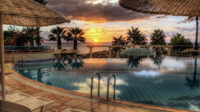 tropical, sea, HDR, 2K, palm trees, swimming pool, resort, sunset