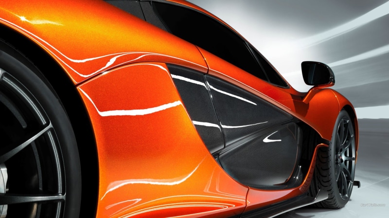 sports car, black, land vehicle, no people, clean, transportation, orange color, sport, McLaren P1, tire, luxury, close-up, black color, reflection, 1080P