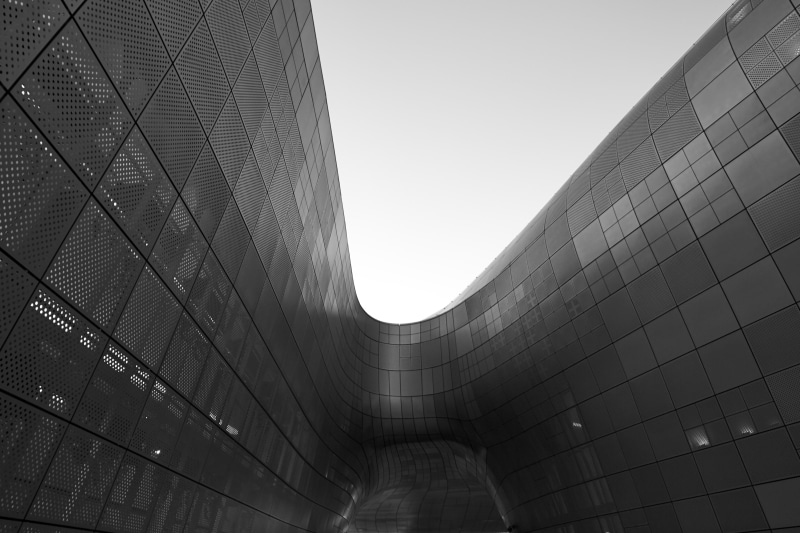 sky, building exterior, pattern, modern, 4K, place, clear sky, building, dongdaemoon, office building exterior, design, day, sunlight, directly below