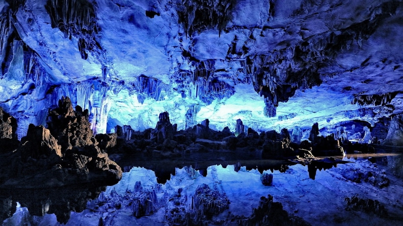 art, nature, Blue, Reflective, deep, 1080P, cave, beautiful, hd, dark, Stalactites