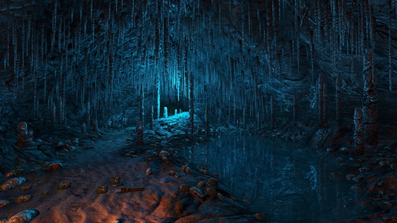 water, 1080P, light, stalagmites, painting, stalactites, body, surrounded, hd, cave, blue, nature
