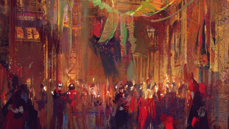 painting, real people, artwork, stalactite, group of people, Wadim Kashin, building, pattern, night, indoors, architecture, abstract, backgrounds, red