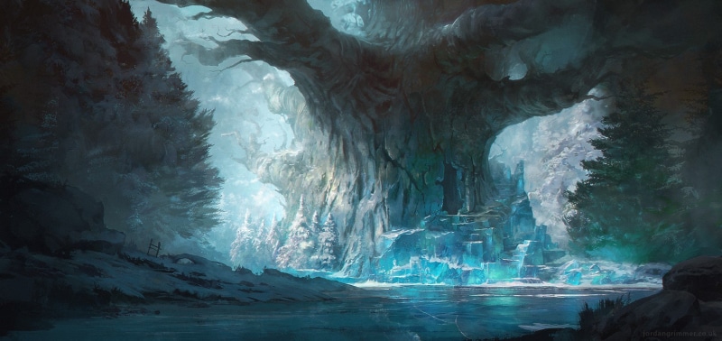 concept art, icicle, power in nature, rock - object, 720P, cave, environment, digital art, no people, beauty in nature, water, blue, trees, frozen, rock