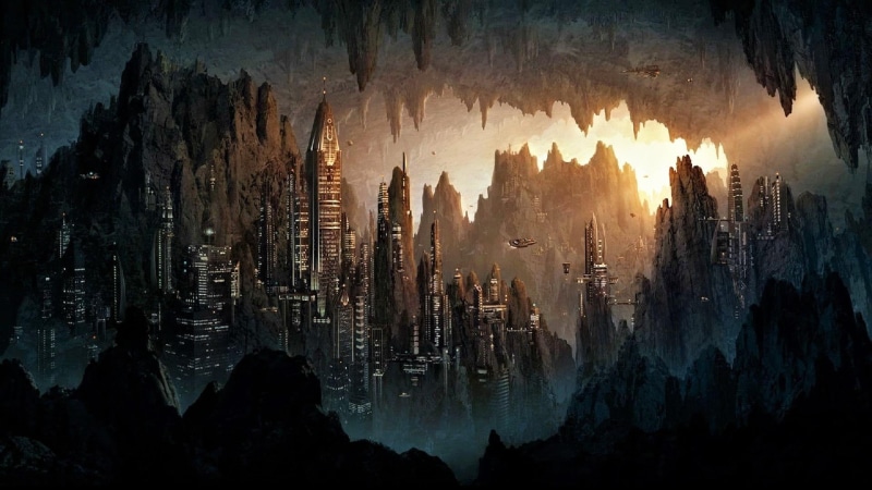 1080P, cave, sky, rock formation, no people, fantasy, city, fantasy art, stalactite, rock, belief, travel, building exterior, illusion, nature, geology