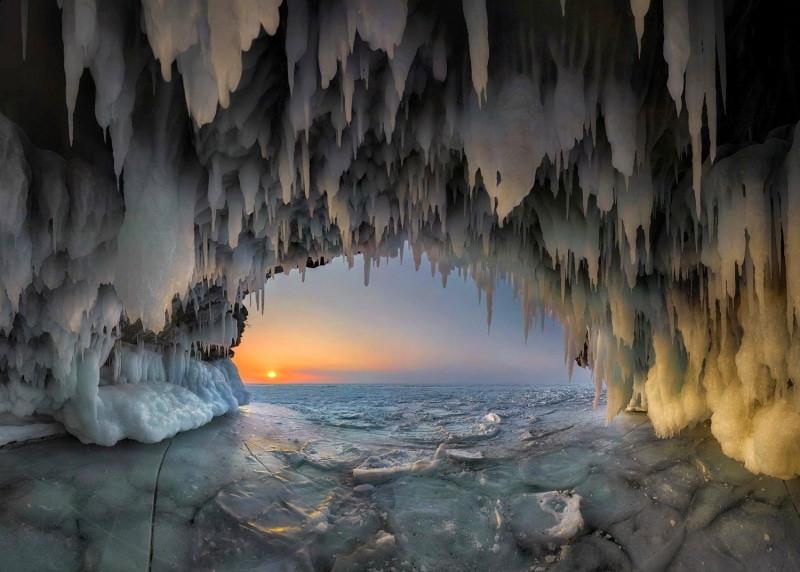 ice, stalactites, landscape, sunset, winter, nature, cold, frost, cave, lake, 720P