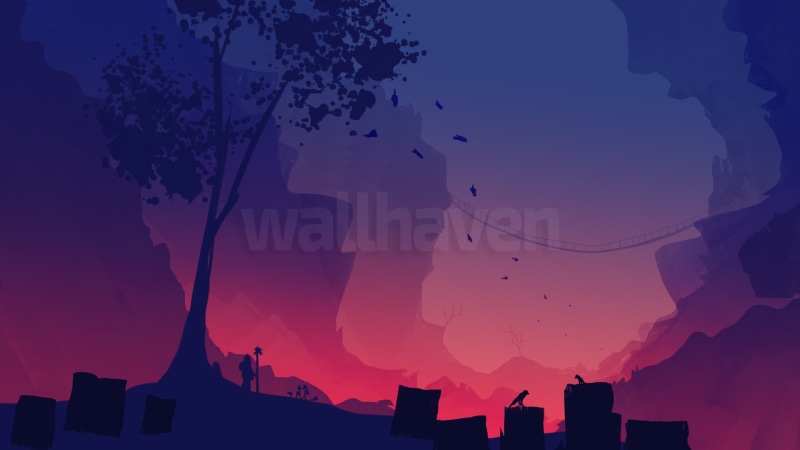 mountains, bridge, colorful, digital art, leaves, painting, trees, 1080P, wallhaven