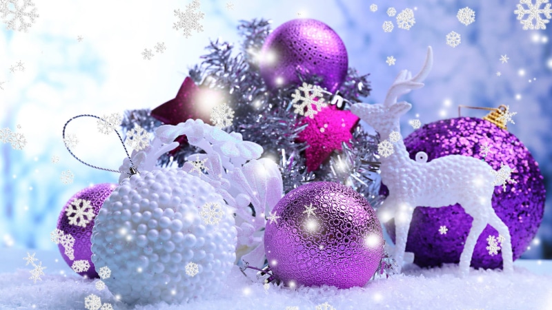 1080P, purple, year, new, ornament, merry, design, seasonal, sea urchin, snow, celebrate, shiny, bangle, object, plant, tree, ribbon, sphere, season, indoors