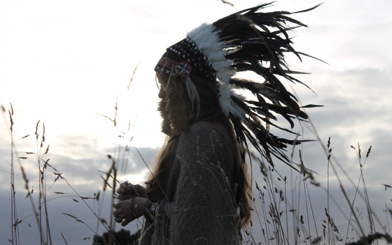 real people, plant, day, women, one person, side view, nature, 2K, white, focus on foreground, indian hat, sky, black, wind, Native Americans, land, human hair