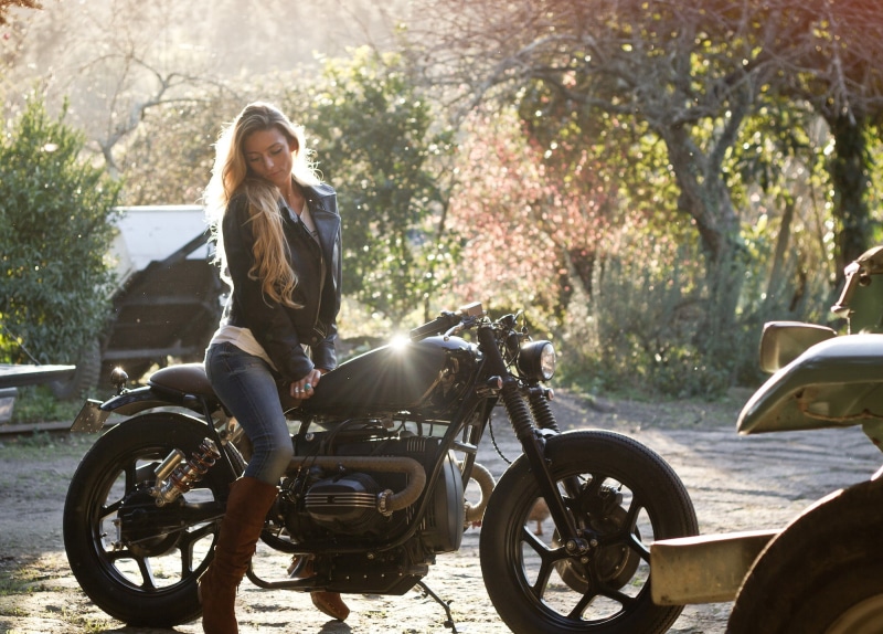 young adult, outdoors, women outdoors, women, motorcycle, leather jackets, 1080P, long hair, beautiful woman, looking at camera, women with bikes, crash helmet