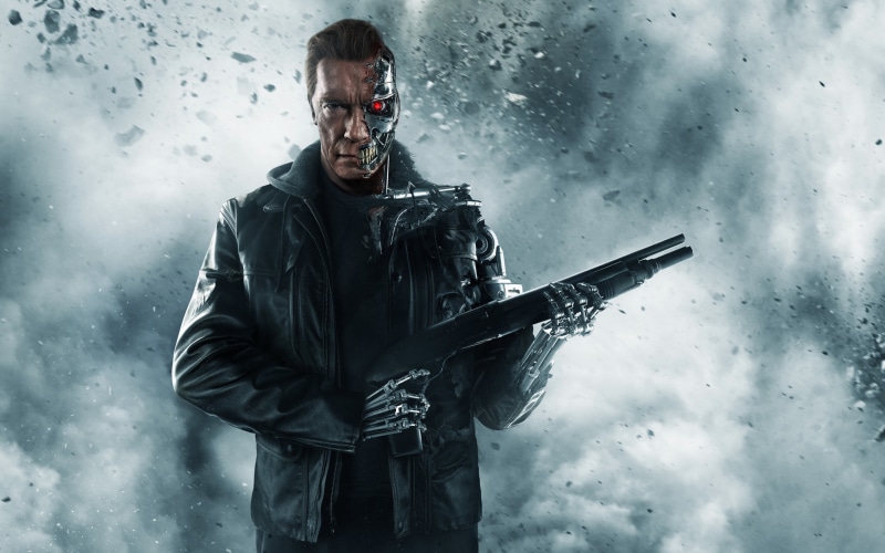 a jacket, ash, schwarzenegger, fantasy, Terminator: Genisys, poster, a robot, Arnold Schwarzenegger, a weapon, Terminator, genisys, smoke, a shotgun, cyborg