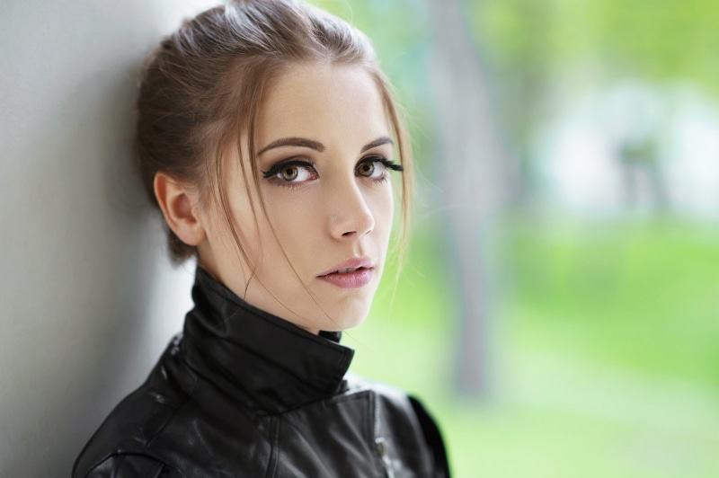 looking at viewer, portrait, pink lipstick, face, women, model, leather jackets, Ksenia Kokoreva, 1080P
