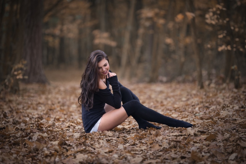 smiling, full length, adult, brunette, lifestyles, forest, model, clothing, nature, beautiful woman, depth of field, leaves, front view, hairstyle, tree