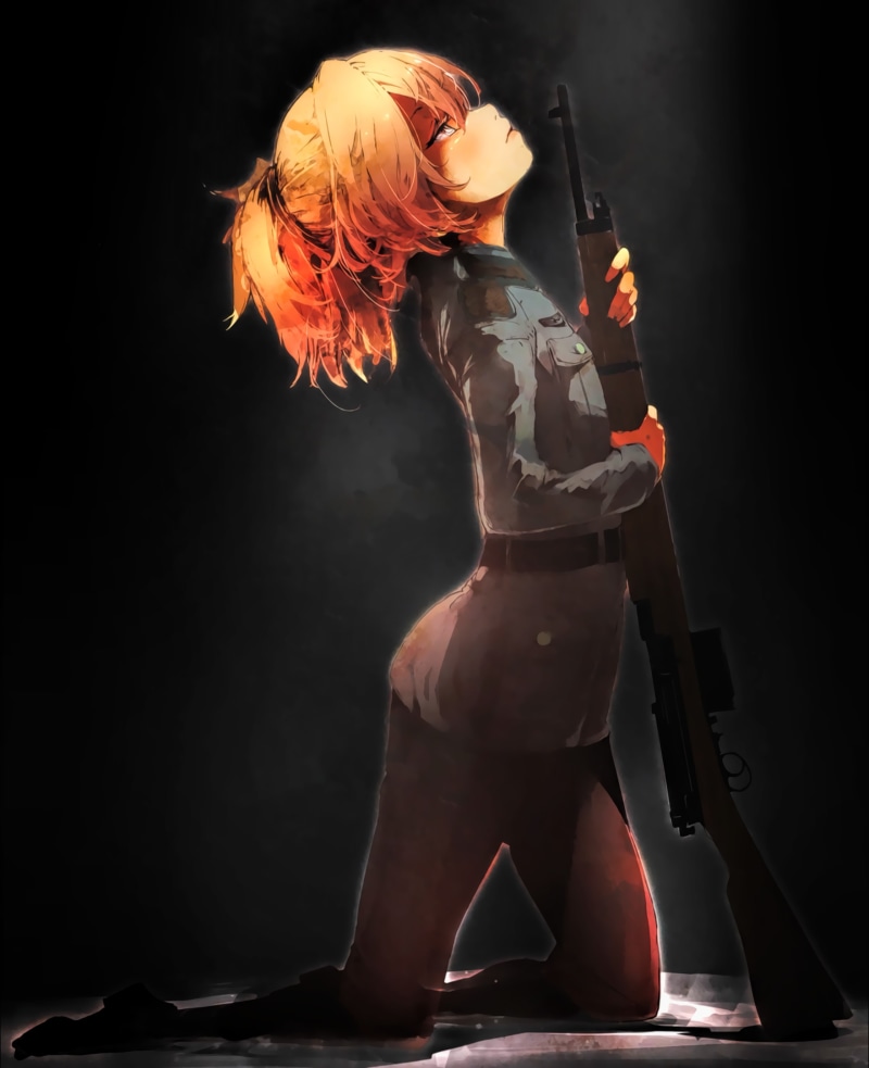 Youjo Senki, black background, holding, beauty, Tanya Degurechaff, 2K, hairstyle, studio shot, women, full length, indoors, adult, clothing, stage, arts culture and entertainment