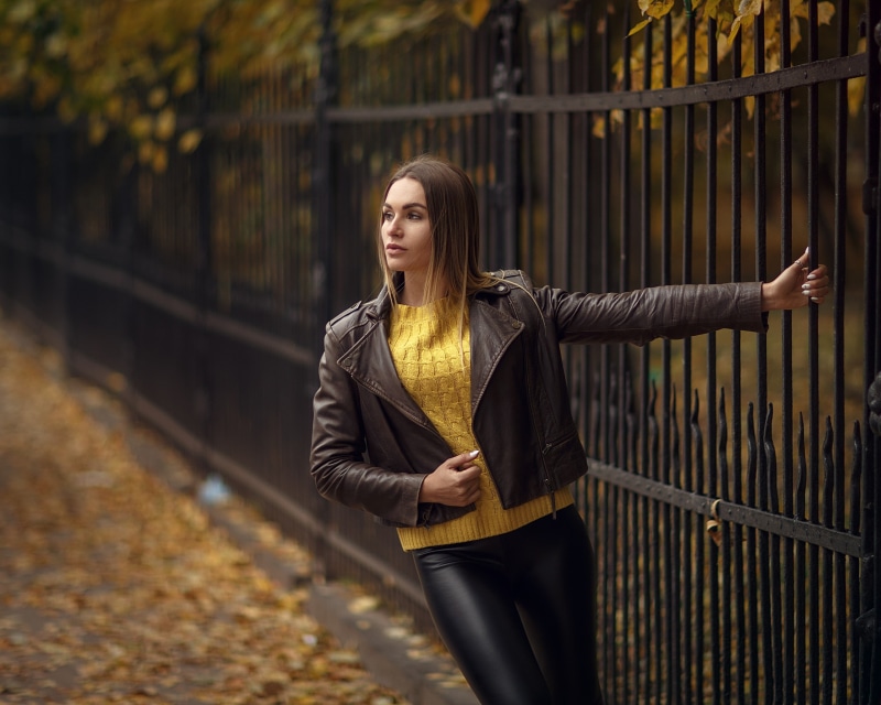 yellow sweater, Sergey Sorokin, model, depth of field, grid, outdoors, bokeh, sweater, 2K, leather jackets, wet look, portrait, women, looking away, leather pants