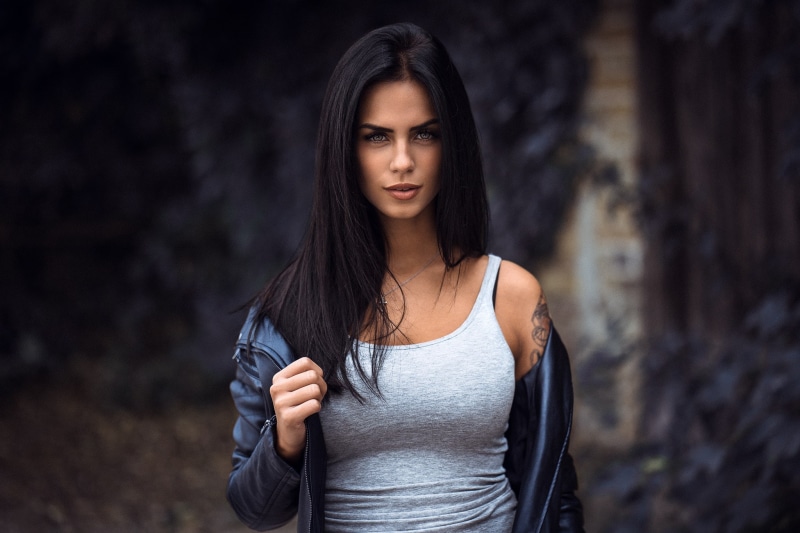 portrait, leather jackets, depth of field, women, Marlen Valderrama Alvaréz, tattoo, 1080P