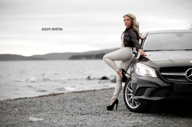 Mercedes-Benz, women with cars, pants, women outdoors, high heels, women, leather jackets, car, 720P, black heels, blonde