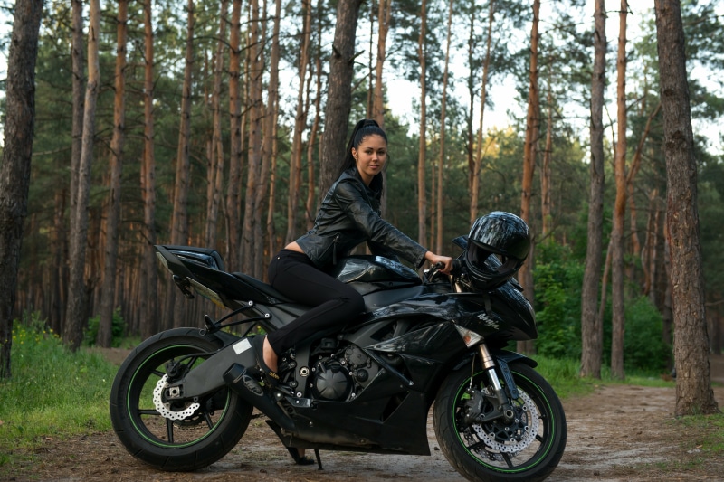 model, 5K, women outdoors, Kawasaki ninja, leather jackets, Macy B, motorcycle, ponytail, women