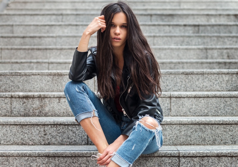 looking at viewer, torn jeans, sitting, 1080P, brunette, open mouth, leather jackets, Fabien Mir, brown eyes, women